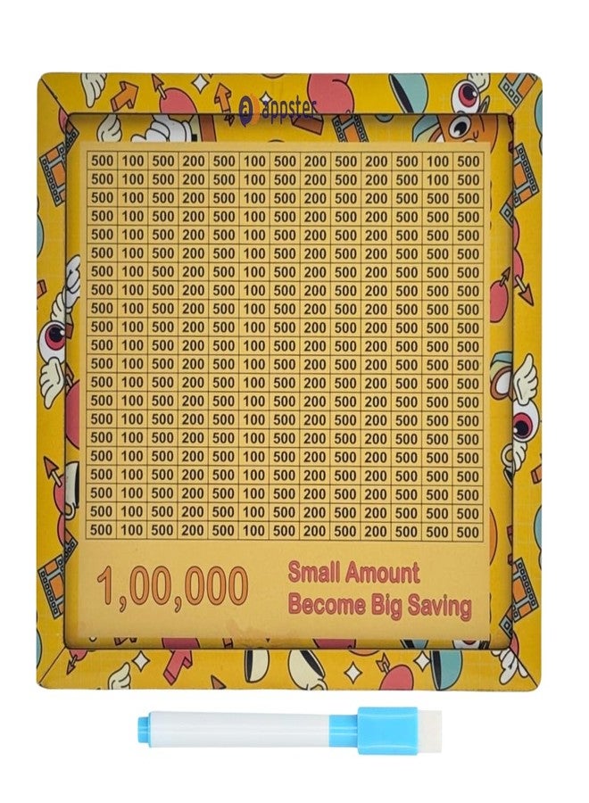 APPSTER 8x7 Inch Jumbo Wooden Piggy Money Bank for Kids & Adults | Carved Design, Mini Bank, Donation Box, Smart Money Coin Box with Numbers Savings Box 100000 Rupees (Yellow) - Image 1